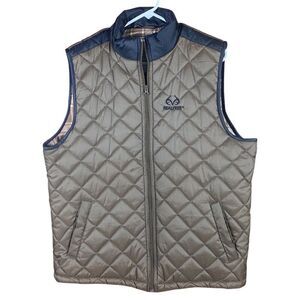 Realtree Mens Tan Blue Plaid Lining Full Zip Quilted Vest Large